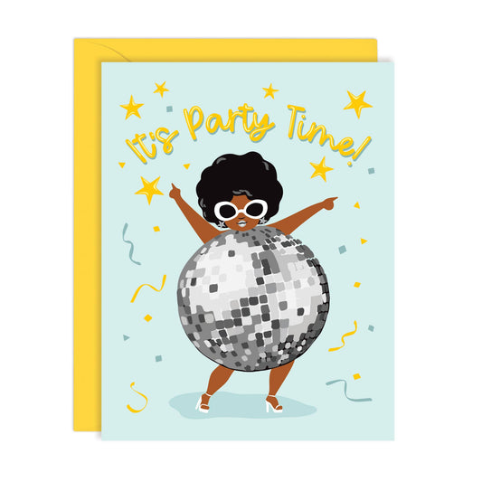 "It's party time" yellow text on blue background with artistic drawing of black woman dressed in a disco ball and wearing an afro and white sunglasses.