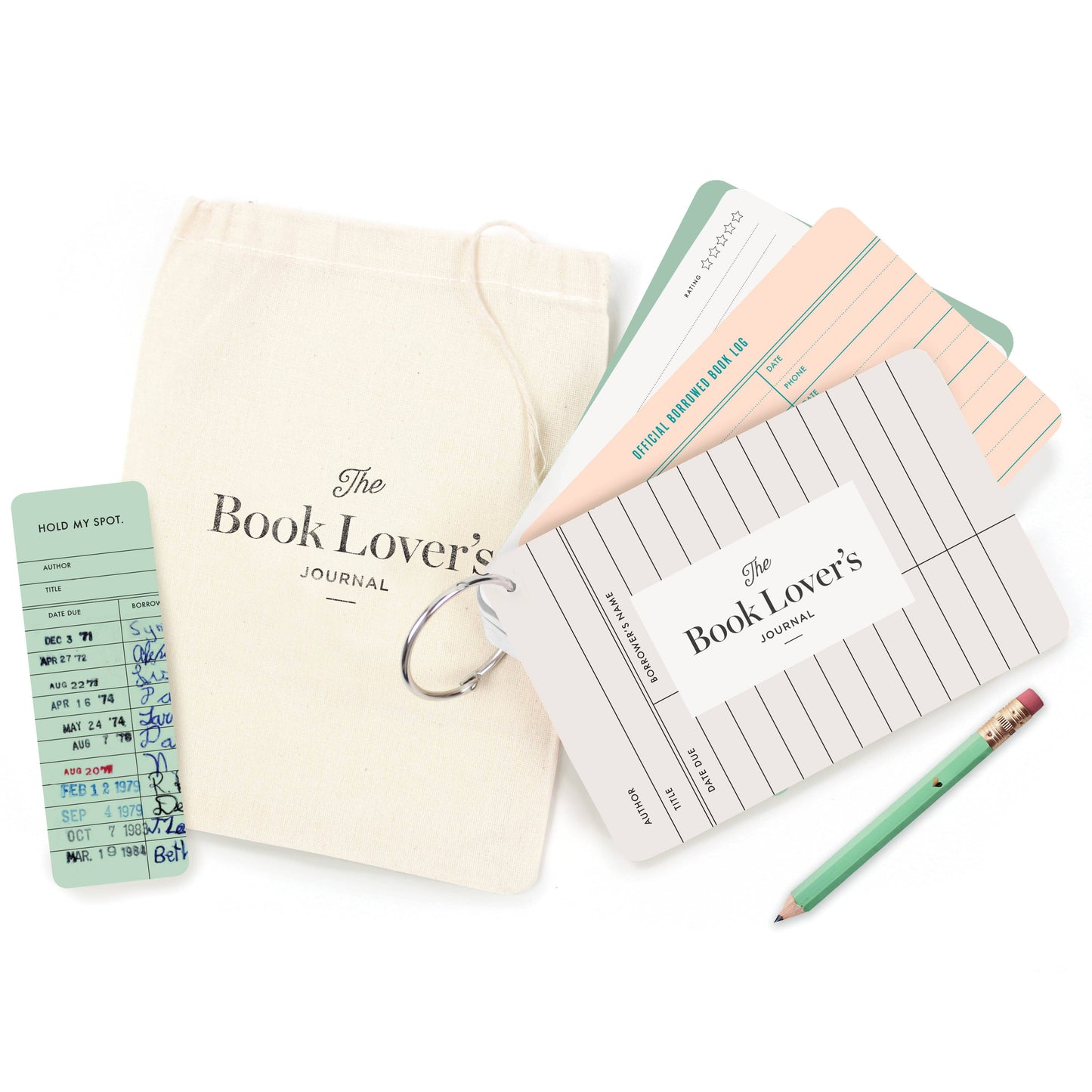 Card stock bound by a ring. The cover says "The Book Lover's Journal". Accompanied by a small canvas bag to hold the journal.