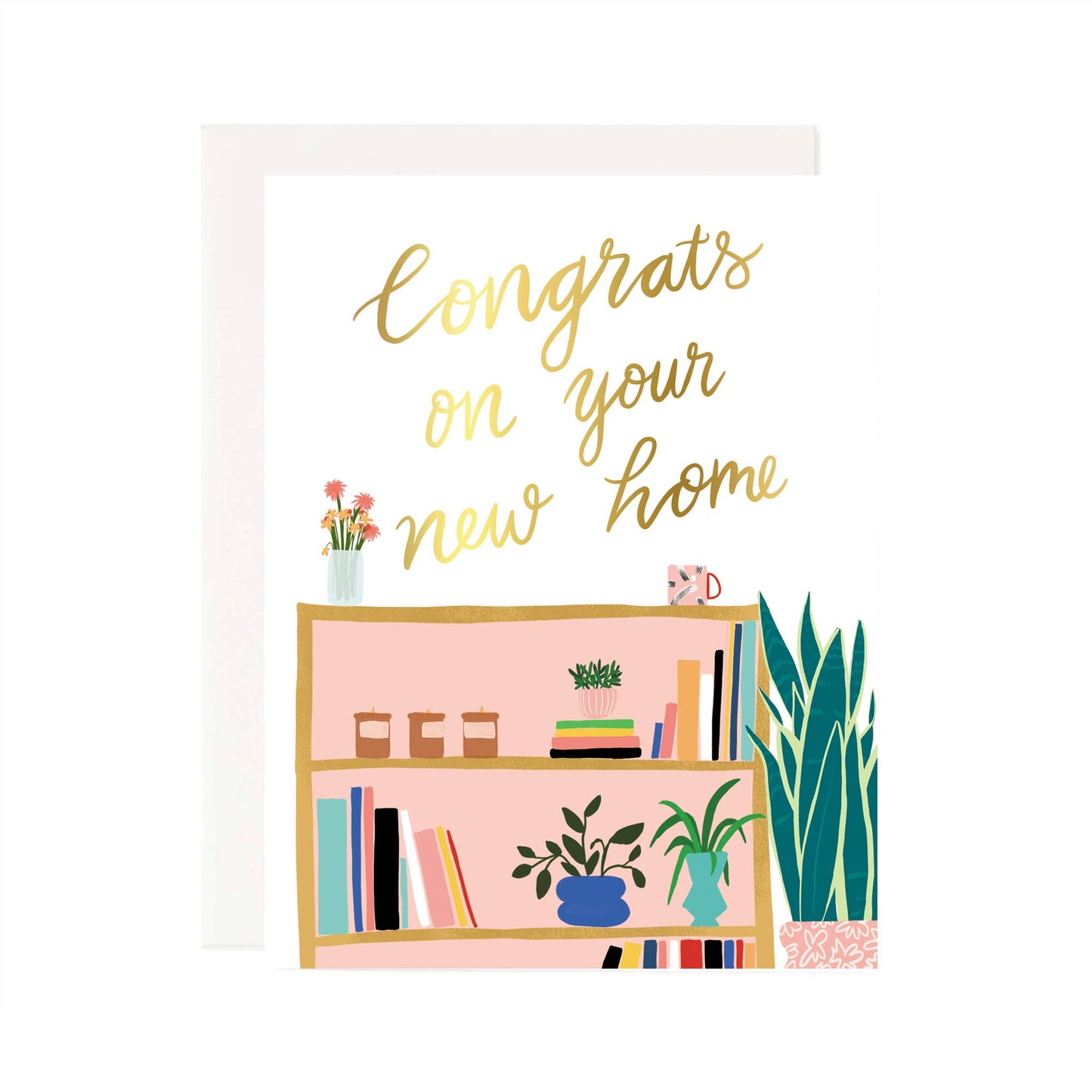 "Congrats on your new home" gold text on white background with artistic drawing of a shelf containing books, candles, and plants.