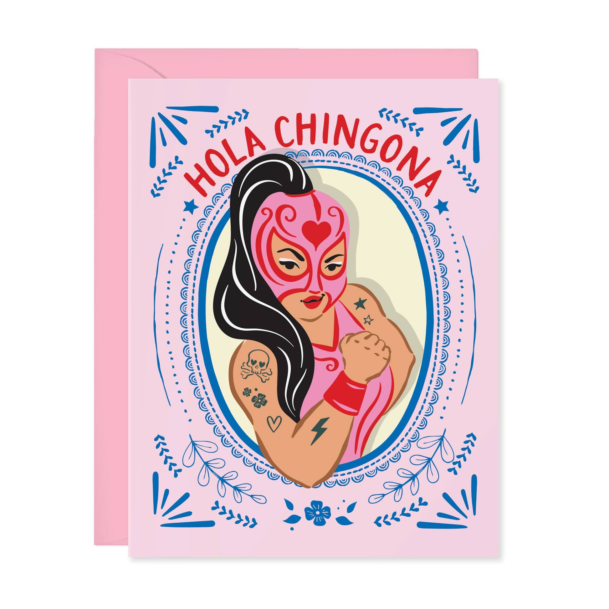 "Hola Chingona" featuring an artistic drawing of a tattooed, strong LatinX woman wearing a pink wrestling mask.