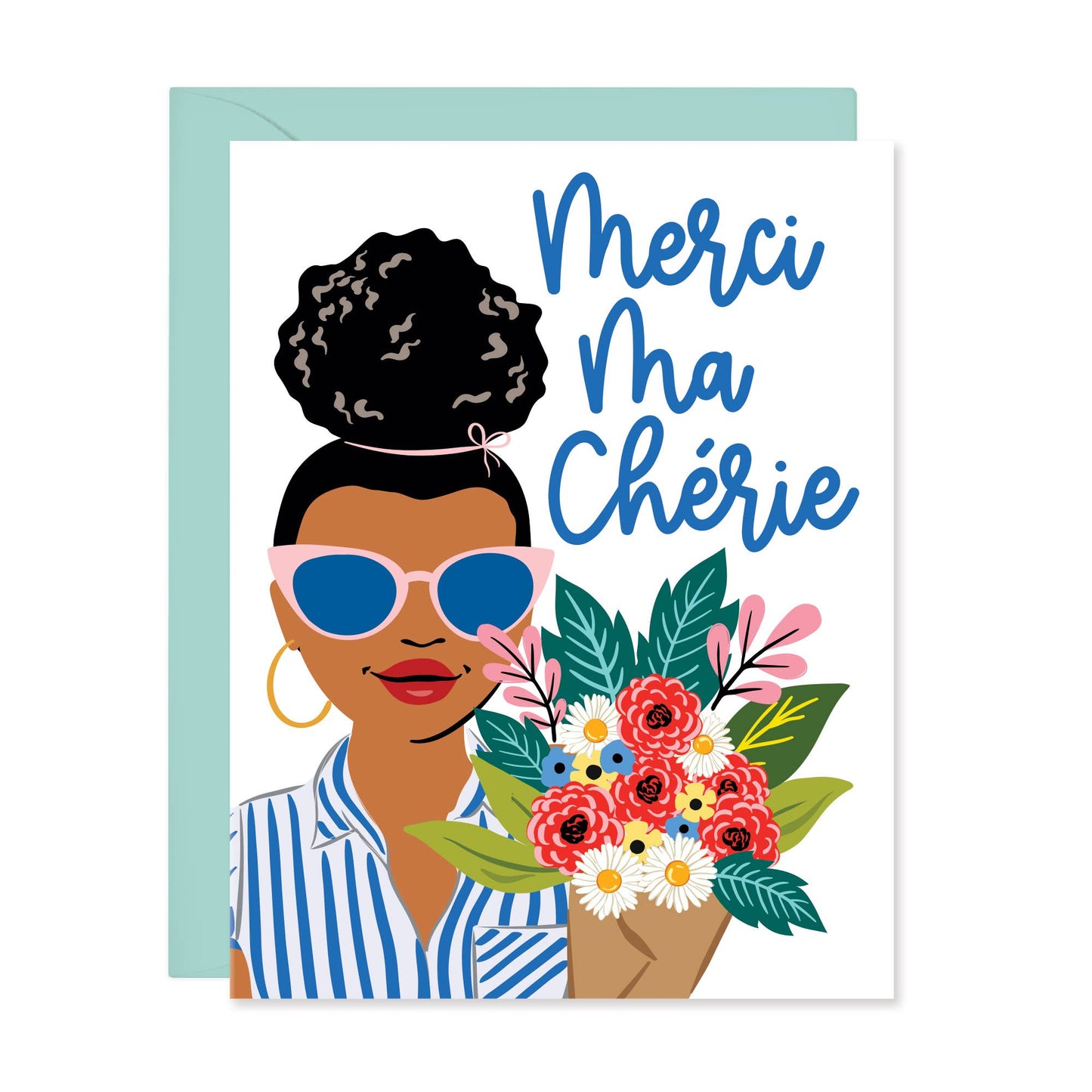 "Merci ma cherie" blue script accompanied by an artistic drawing of a stylish black woman wearing a blue and white top, pink shades, and holding a bunch of flowers.