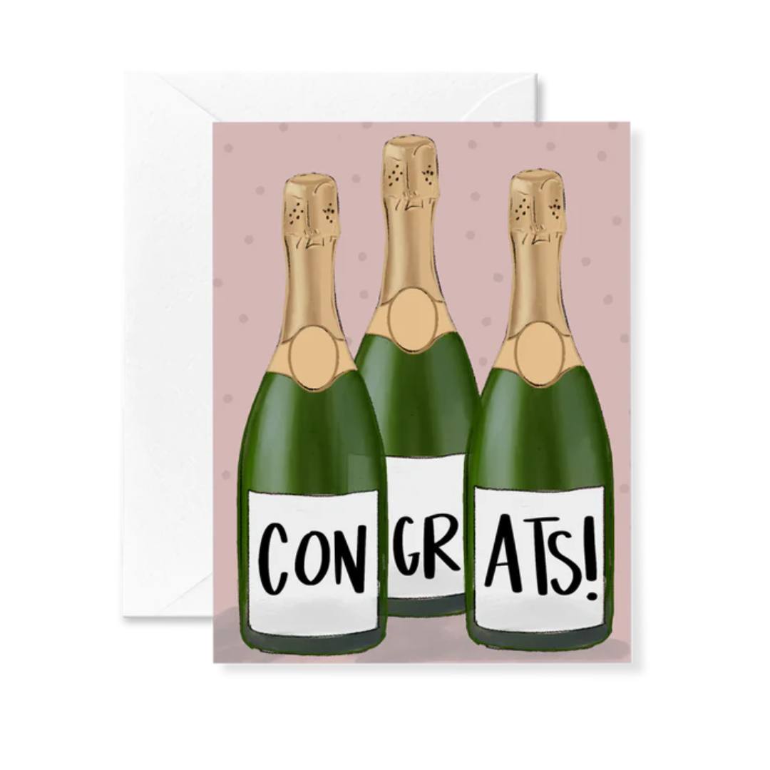 Congrats! Greeting card with three bottles of champagne.