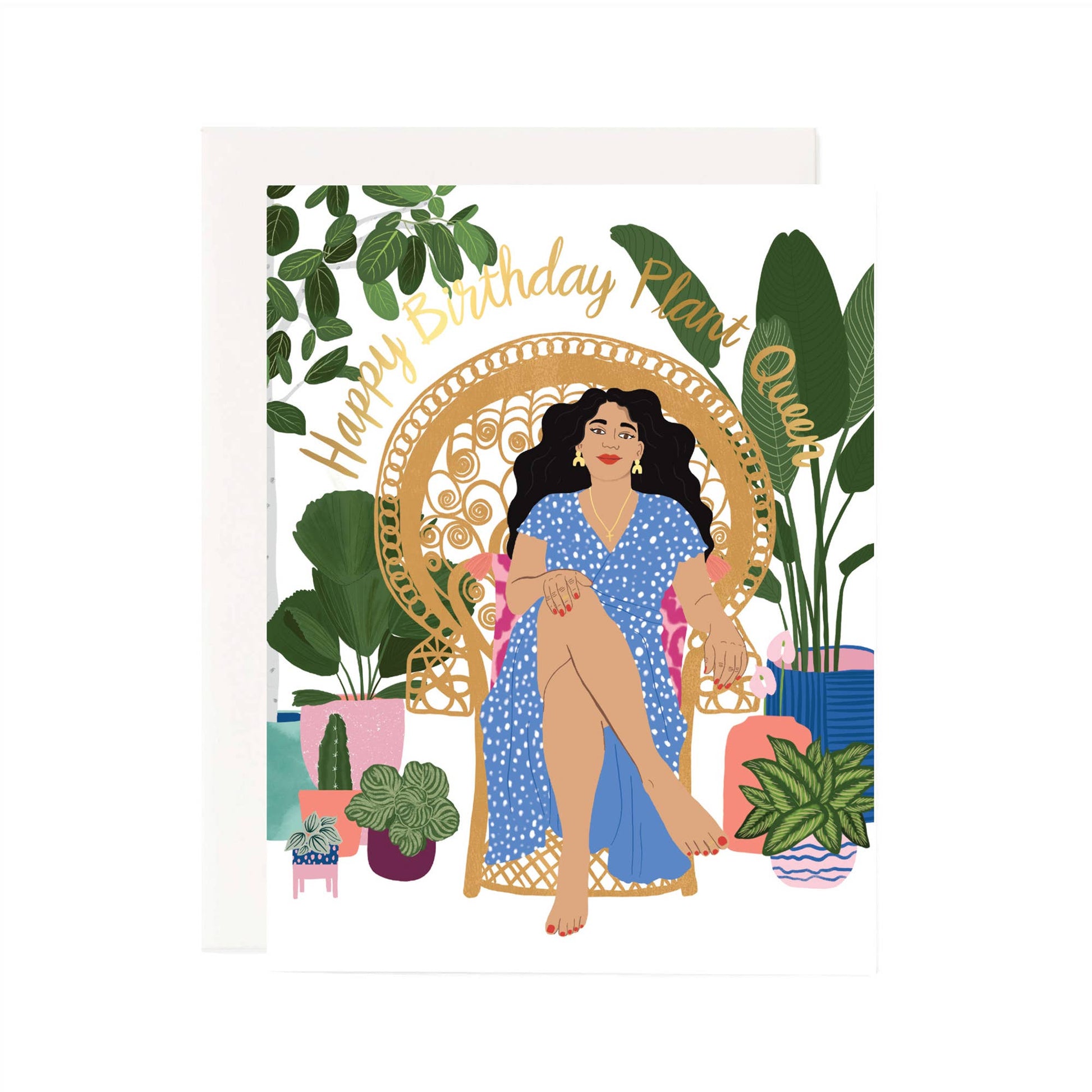 "Happy birthday plant queen" featuring a drawing of stylish woman of color with long black hair sitting on a throne and surrounded by plants.