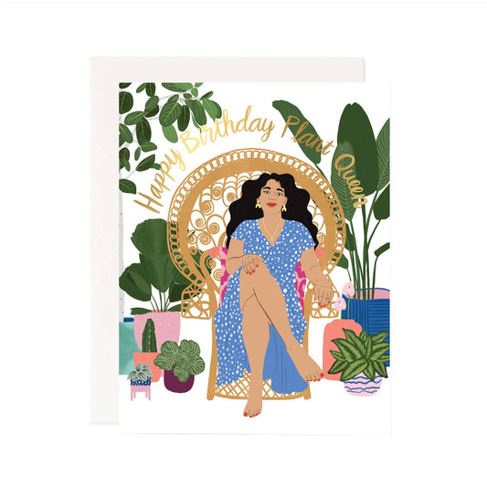 "Happy birthday plant queen" featuring a drawing of stylish woman of color with long black hair sitting on a throne and surrounded by plants.